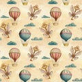 Steampunk vintage seamless pattern with air balloons, clouds, keys, wings Royalty Free Stock Photo