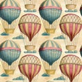 Steampunk vintage seamless pattern with air balloons and clouds.