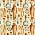 Steampunk vintage seamless pattern with bottles, clocks, lamps, barometr.
