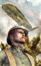 Steampunk war airship and soldier Royalty Free Stock Photo