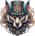 Steampunk Wolf logo emblem template. Colored vintage whimsical steam punk wolf mascot