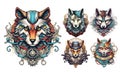 Steampunk Wolf logo emblem templates set. Colored vintage whimsical steam punk wolf logo collection