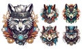 Steampunk Wolf logo emblem templates set. Colored vintage whimsical steam punk wolf logo collection