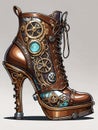 steampunk woman footwear, high heel boot on white background, generative ai illustration, cartoon style Royalty Free Stock Photo