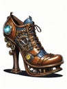 steampunk woman footwear, high heel boot on white background, generative ai illustration, cartoon style Royalty Free Stock Photo