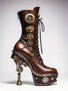 steampunk woman footwear, high heel boot on white background, generative ai illustration