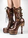 steampunk woman footwear, high heel boots on white background, generative ai illustration