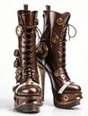 steampunk woman footwear, high heel boots on white background, generative ai illustration