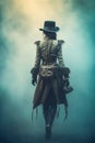 steampunk woman walking in the fog. Royalty Free Stock Photo