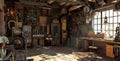 Steampunk Workshop old room interior. Generative Ai Royalty Free Stock Photo