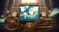 Steampunk world map data visualization with gauges and gears on a futuristic backdrop Royalty Free Stock Photo