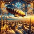 Steampunk Zeppelin Over Cyberpunk City