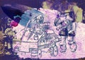 Steampunkers on the moon - sci-fi - hand drawn- retro processing