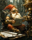 A steampunkinspired gnome tinkering with a complex machine, blueprints spread out on a newspaper next to them