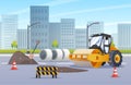 Steamroller compactor asphalting highway construction in urban city