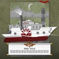 Steamship in the card, with steampunk, grunge, and vintage elements.