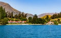 Steamship dock on Lake Wakatipu and Southern Alps mountain range, Ka Tiritiri o te Moana, Walter Peak Otago, New Zealand