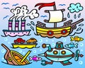 Steamship, sailing boat, wreckage, submarine and three curious fish.