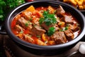 Steamy bowl of traditional Hungarian goulash with tender beef, paprika, and savory spices, garnished with a sprig of fresh parsley