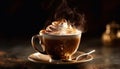 Steamy cappuccino on rustic table, perfect for coffee break relaxation generated by AI