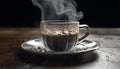 Steamy cappuccino on wooden table, a frothy addiction elegance generated by AI