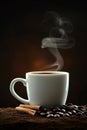 Steamy coffee cup with fragrant cinnamon and roasted coffee beans for aromatic delight