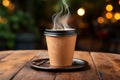 Steamy coffee in a cup, placed on a wooden surface