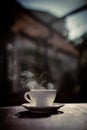 Steamy coffee cup in the sunlight Royalty Free Stock Photo