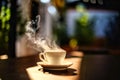 Steamy coffee cup in the sunlight Royalty Free Stock Photo