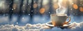 Steamy Coffee Cup on a Wintry Day. A hot cup of coffee sits on a snowy surface, steam rising into the cold air with a