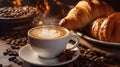 Steamy cup of cappuccino and croissants on wooden table.Generative ai