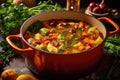 steamy dutch oven stew with colorful vegetables