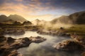 steamy geothermal springs in mountain landscape