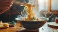 Steamy hot bowl of instant noodles with chopsticks