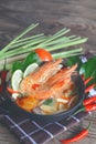 Steamy hot famous thai cuisine tom yum goong soup. Royalty Free Stock Photo