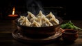 Steamy hot khinkali, Georgian dumplings, served in a plate, a mouthwatering culinary delight.