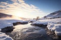 steamy hot spring in a snowy landscape