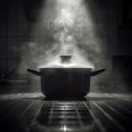 Steamy kitchen Pot emitting steam, dark logo, saucepan, culinary ambiance Royalty Free Stock Photo