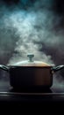 Steamy kitchen Pot emitting steam, dark logo, saucepan, culinary ambiance Royalty Free Stock Photo