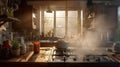 Steamy kitchen with pots and pans on the stove Royalty Free Stock Photo