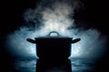 Steamy mystery Pot emitting steam, dark logo, saucepan in shadows