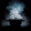 Steamy mystery Pot emitting steam, dark logo, saucepan in shadows