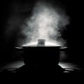 Steamy mystery Pot emitting steam, dark logo, saucepan in shadows