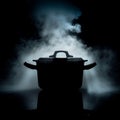 Steamy mystery Pot emitting steam, dark logo, saucepan in shadows