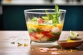 steamy soup in a clear glass bowl showing layers of ingredients