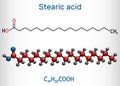 Stearic acid, octadecanoic, saturated fatty acid molecule. Structural chemical formula and molecule model