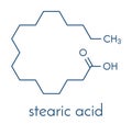 Stearic acid saturated fatty acid molecule. Also known as octadecanoic acid; Esters and salts are known as stearates. Skeletal.