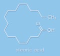 Stearic acid saturated fatty acid molecule. Also known as octadecanoic acid; Esters and salts are known as stearates. Skeletal.
