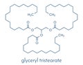 Stearin saturated fat molecule: triglyceride composed of glycerol and 3 saturated fatty acids stearic acid. Skeletal formula.