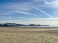 Stearns Wharf behind West Beach, Santa Barbara, CA, USA Royalty Free Stock Photo